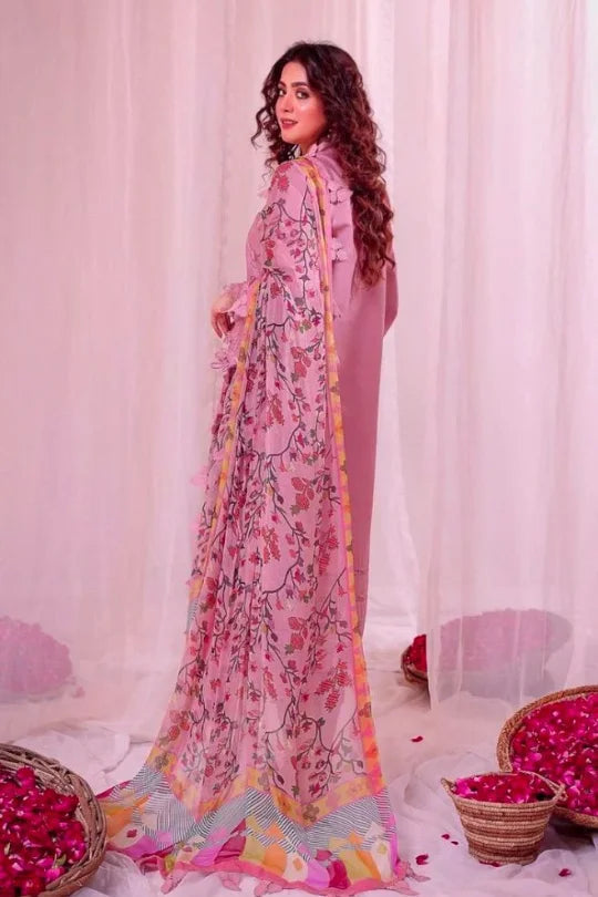 Elegant Pakistani 3PC Summer Dress with floral dupatta, showcasing sophisticated style and vibrant hues.