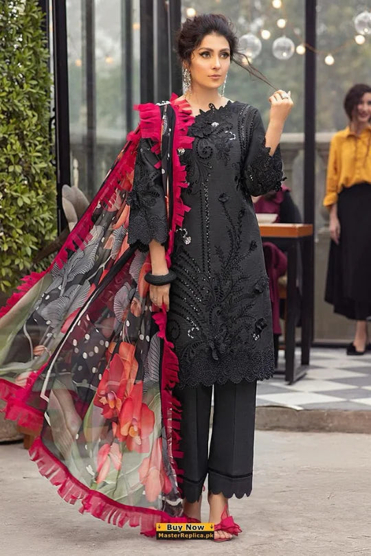 Elegant black 3-piece dress with floral dupatta, showcasing modern ethnic style and vibrant fashion.