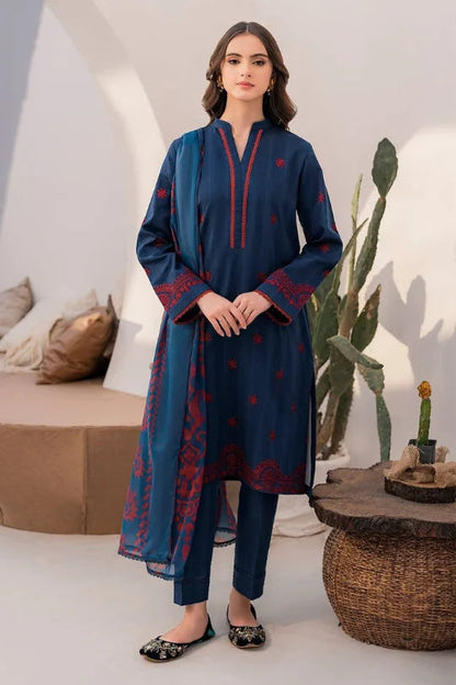 Jazmine Summer 3PC Dress 2025 in navy blue with intricate embroidery and elegant drapes, ideal for festive wear.