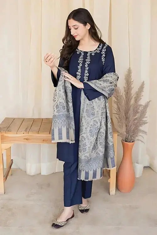 AISLING - 3PC DHANAK EMBROIDERED SHIRT WITH SLUB WOOL PRINTED SHAWL AND TROUSER - Gul Fatima