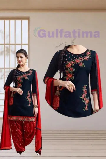 CLAO29 Navy Blue & Red Embroidered Suit 3 Piece Unstitched | Crinkle Chiffon Stuff Gul Fatima