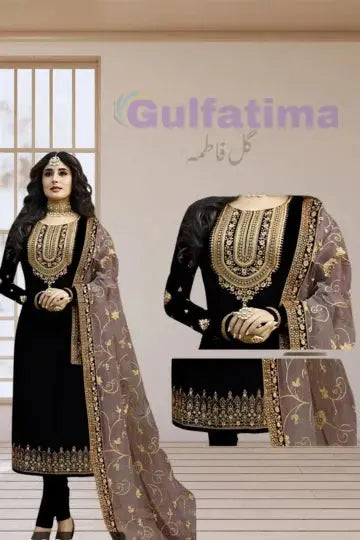 CLAO31 Embroidered Suit Black | 3 Piece Unstitched | Crinkle Chiffon Stuff Gul Fatima