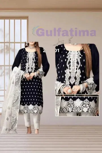 CODE-CLAO13 Black & White Embroidered Suit 3 Piece Unstitched | Crinkle Chiffon Stuff Gul Fatima