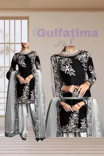 CODE-CLAO17  Black Patyala Embroidered Suit | CW-056 Black | 3 Piece Unstitched | Crinkle Chiffon Stuff Gul Fatima