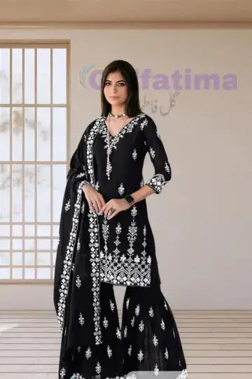 code-clao15 Black Plazo Embroidered Suit 3 Piece Unstitched | Crinkle Chiffon Stuff Gul Fatima