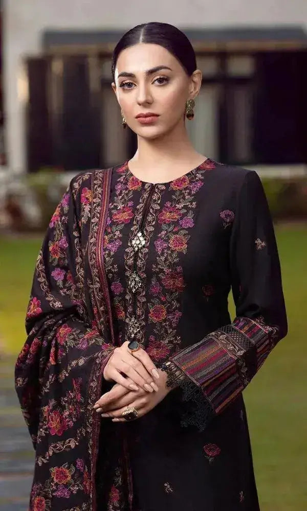 Elegant model wearing BAREEZE 3pc Winter Wedding Collection in floral black outfit, showcasing winter wedding style in Pakistan.