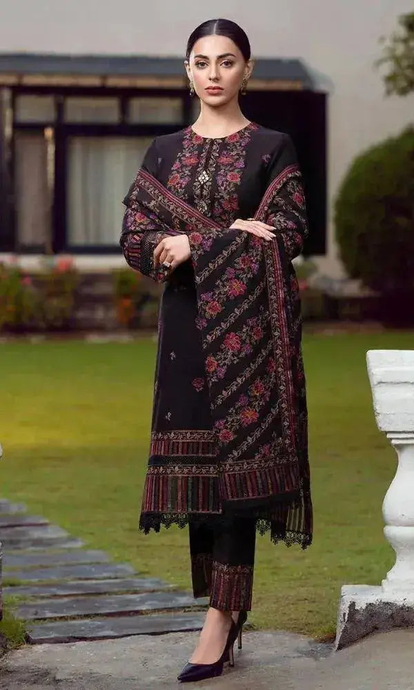 Elegant black floral embroidered outfit from BAREEZE Winter Wedding Collection, showcasing traditional luxury for winter weddings.