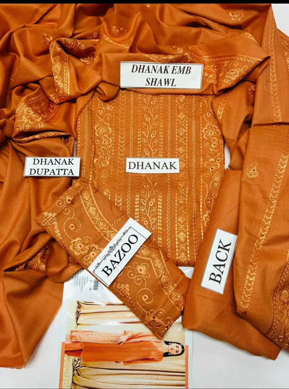 Dhanak Embroidery Shawl with coordinating dupatta and bazoo in warm orange tones, perfect for winter celebrations.